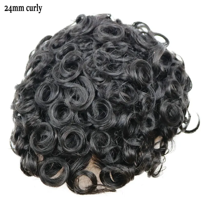 Sistema di sostituzione dei capelli da uomo ricci da 24 mm Pelle piena Base in PU Parrucchino da uomo Protesi per capelli umani Parrucca maschile durevole Attaccatura naturale dei capelli