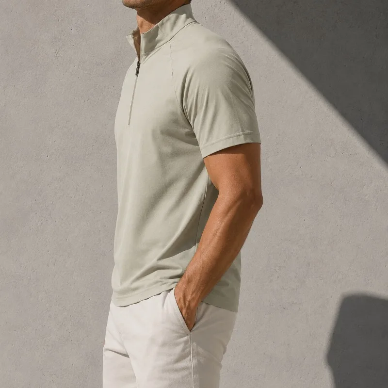 Men's Quarter Zip Golf Shirt Short Sleeve Stand Collar Athletic Polo Slim Fit Summer Casual Sports Training Running Outdoor Top