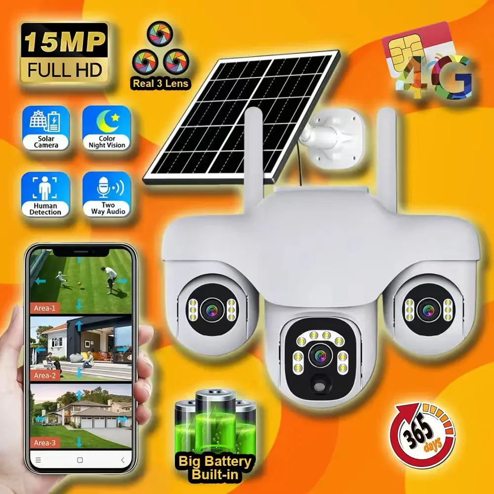 

15MP HD 4G Wireless 3 Lens Security Solar Camera Surveillance PIR People Detection Camera Outdoor Plugless IP Camera V380Pro