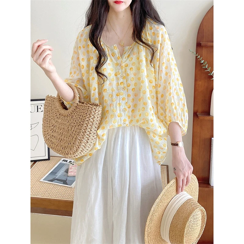 Women's Trendy Polka Dot Print Button Up Shirt Summer Vacation Sweet Cute Chic Blouse Female Casual O Neck 3/4 Sleeve Loose Tops