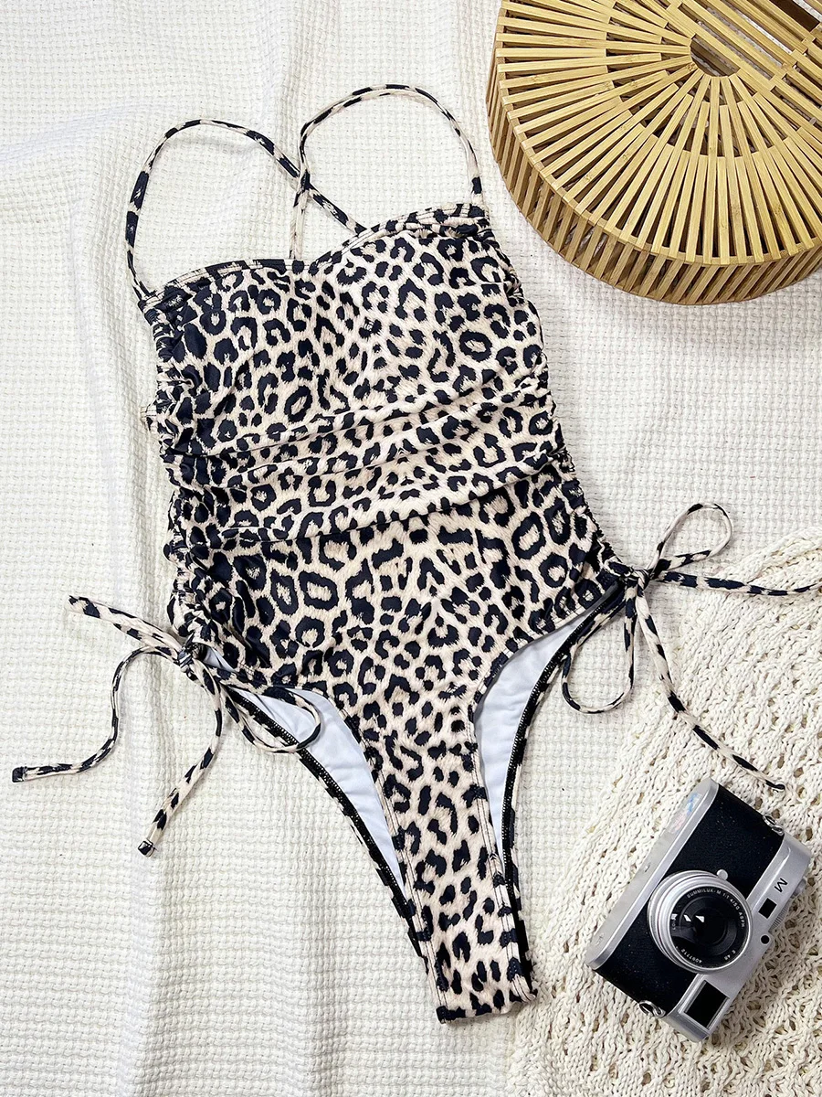 

Wrinkled Leopard Cross Back Lace Up One Piece Swimsuit Women Swimwear Female High Leg Cut Monokini Bather Bathing Suit Swim Lady