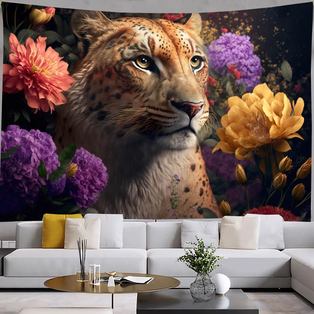 Animal Leopard Tapestry Cheetah Flowers Wall Cover Cloth Panther Colorful Floral Bedroom Living Room Decor Wall Hanging Blanket