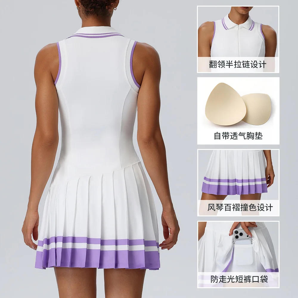 Sleeveless POLO collar one-piece tennis dress set, contrasting pleated fitness dress Fitness Suit