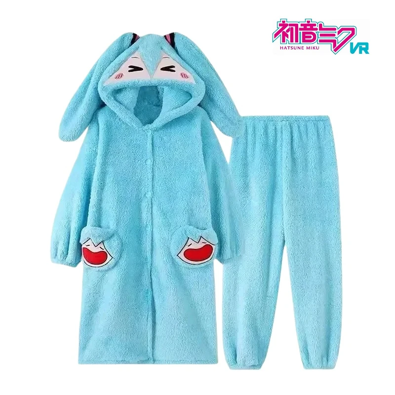 Cute Hatsune Miku Dressing Gown Two-piece Set Plush Thickened Autumn and Winter Pajamas Are Soft and Comfortable Home Girls Gift