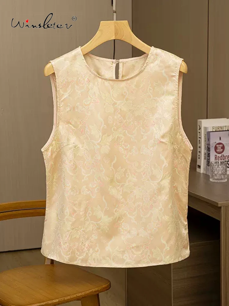 

Winsleter, 100%Real Silk Song Brocade Vest, Woman Sleeveless Print, Elegant Loose Retro Tank Top, 2024 Summer Autumn C48704QC