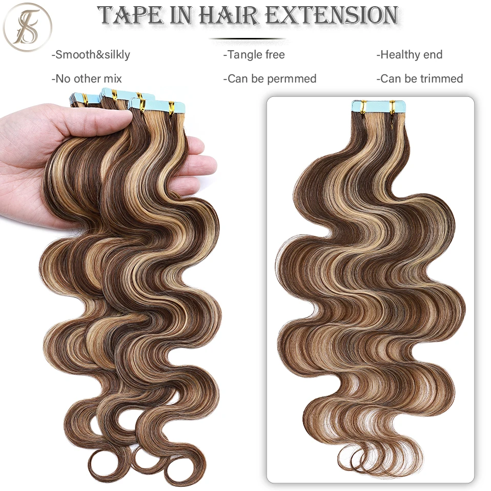 TESS 2.5g Wavy Tape In Hair Extensions Human Hair 20pcs Mega Hair Straight Natural Hair Seamless Invisible Double Side Skin Weft