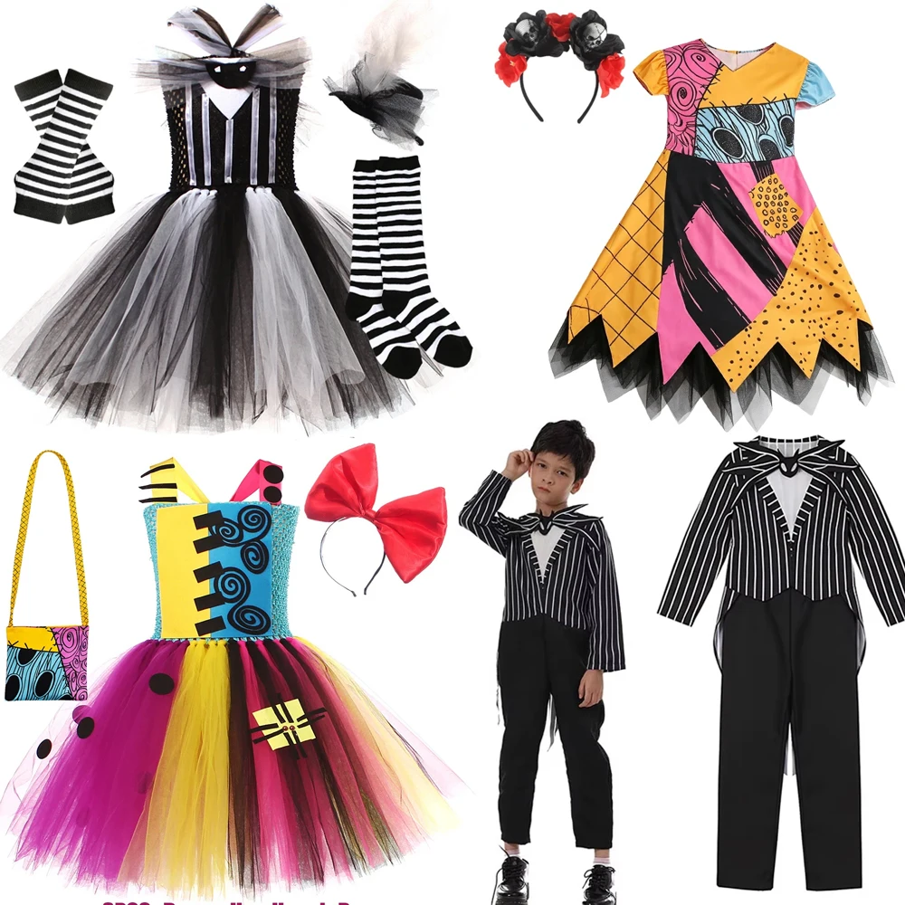 Nightmare Before Xmas Sally Costumes for Girls Halloween Scary Fancy Dresses for Kids Carnival Party Disguise Tutus Outfits