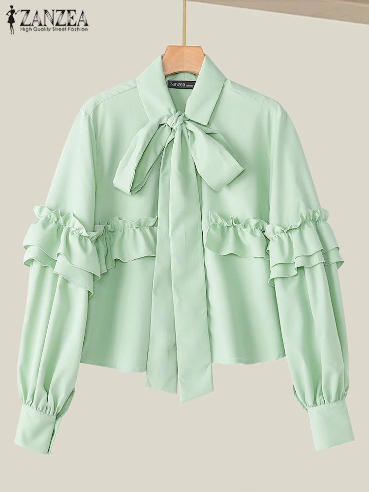 ZANZEA 2024 Chic Lantern Long Sleeve Chemise Office Lady Chiffon Blouse Fahion Women Solid Shirts Vintage Tie Up Lapel Neck Tops