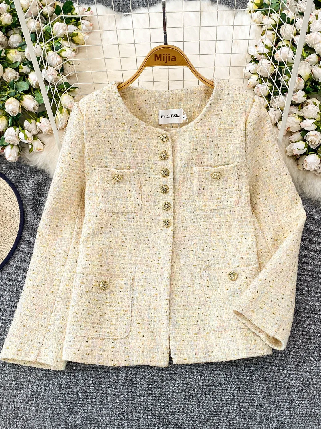 Ele round Ne – vêtements d'extérieur pour femmes, coupe ample, scintillant, Boucle Jaet, automne hiver, haute Sensation, détail bleu en métal