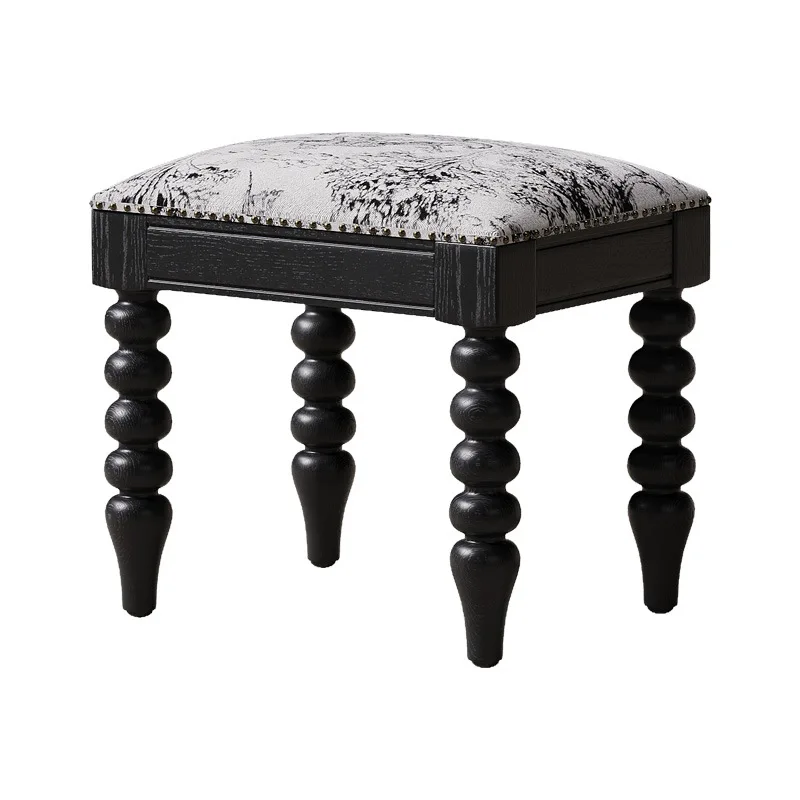 Black fabric manicure stool medium antique white oak American solid wood makeup stool