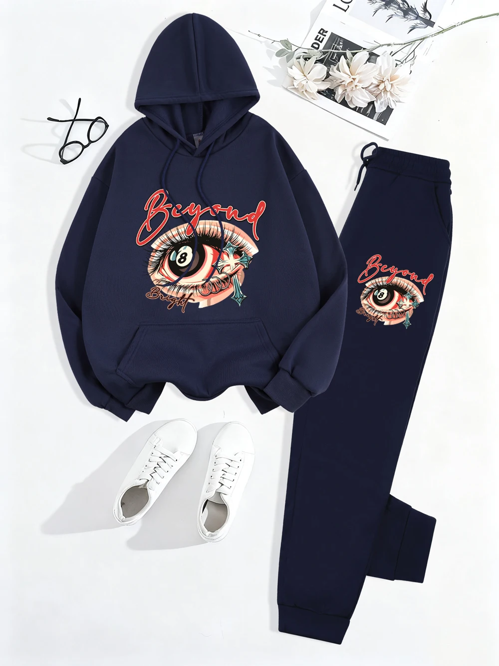 2 Piece Hoodies Set Womens Beyond Bright Eye Prints Sweatpantssporty Fleece Pocket Sweatshirt Pants Autumn Oversized Clothes