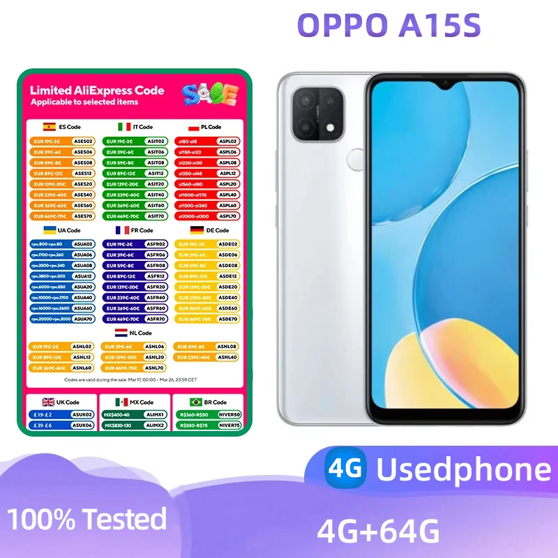 OPPO A15s 4G Android SmartPhone 6.52inch Screen CPU MediaTek Helio P35 4100mAh 13MP Cameras Used Phone