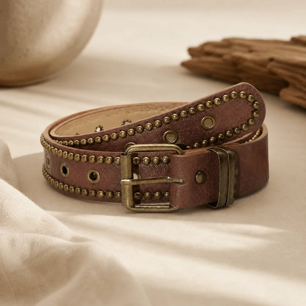 Rivet Studded PU Leather Belt Multi Hole Antique Bronze Pin Buckle Waist Belt Distressed Brown Adjustable Decorative Belt