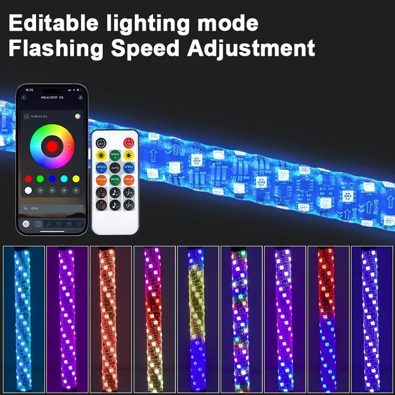 2PCS 30CM RGB LED Whip Lights APP+Remote Control Music Sync Spiral Chasing Light for UTV ATV SXS Off-Road Truck Accessories