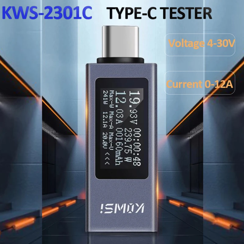 KWS-2301C Type-C Current and Voltage Monitor DC 4-30V 0-12A Power Meter Tester PD Battery Capacity Digital LCD Display Meter