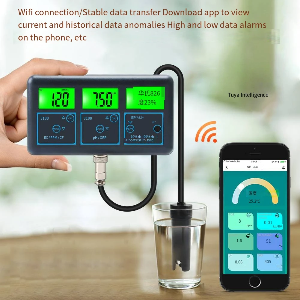 

WIFI-3188 Беспроводной семив-один-онлайн-монитор качества воды TUYA WIFI Монитор значения PH EC/CF/ORP/TDS/температура и влажность