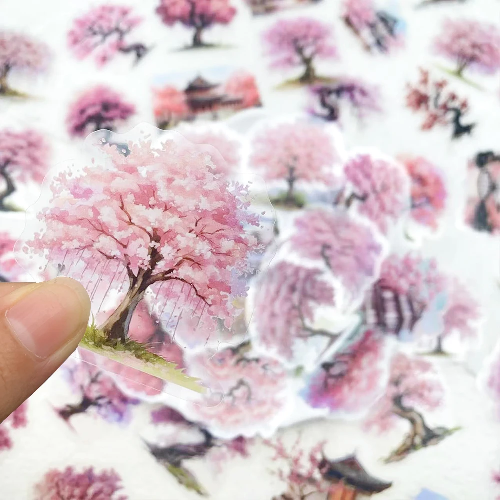 50pcs Watercolor Peach Tree PET Stickers Decals For Phone Refrigerator Guitar Wall Notebook DIY Aesthetic Waterproof Stickers