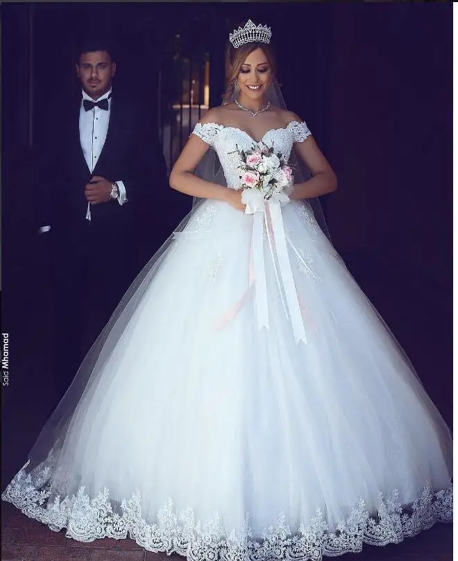 Customized One Collar Elegant Lace Decal Ball Dress Off Shoulder Robe De Mari é e Sweetheart Bride Wedding Dress