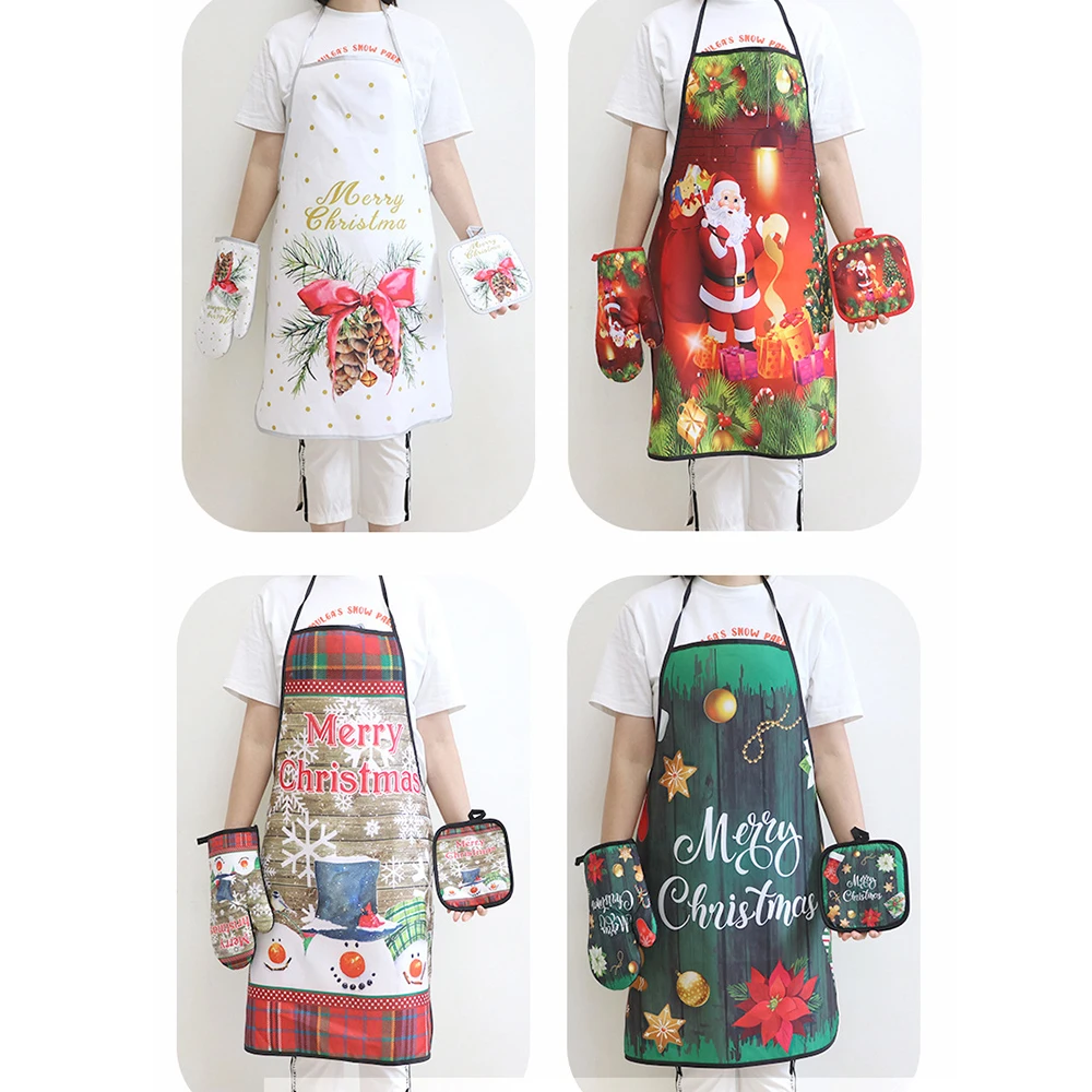 Christmas Kitchen Hot Oven Mitts Apron set Anti-Hot Microwave Gloves Pad Insulation Mat Christmas Decoration Cooking Baking Tool