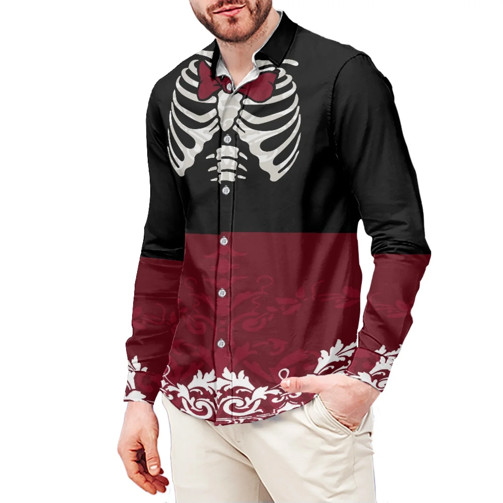 Skull Frame Print Polynesian Hawaiian Casual Sport Style Men's Shirt Stand Collar 6XL Long Sleeve Men's Shirt Winter Men's