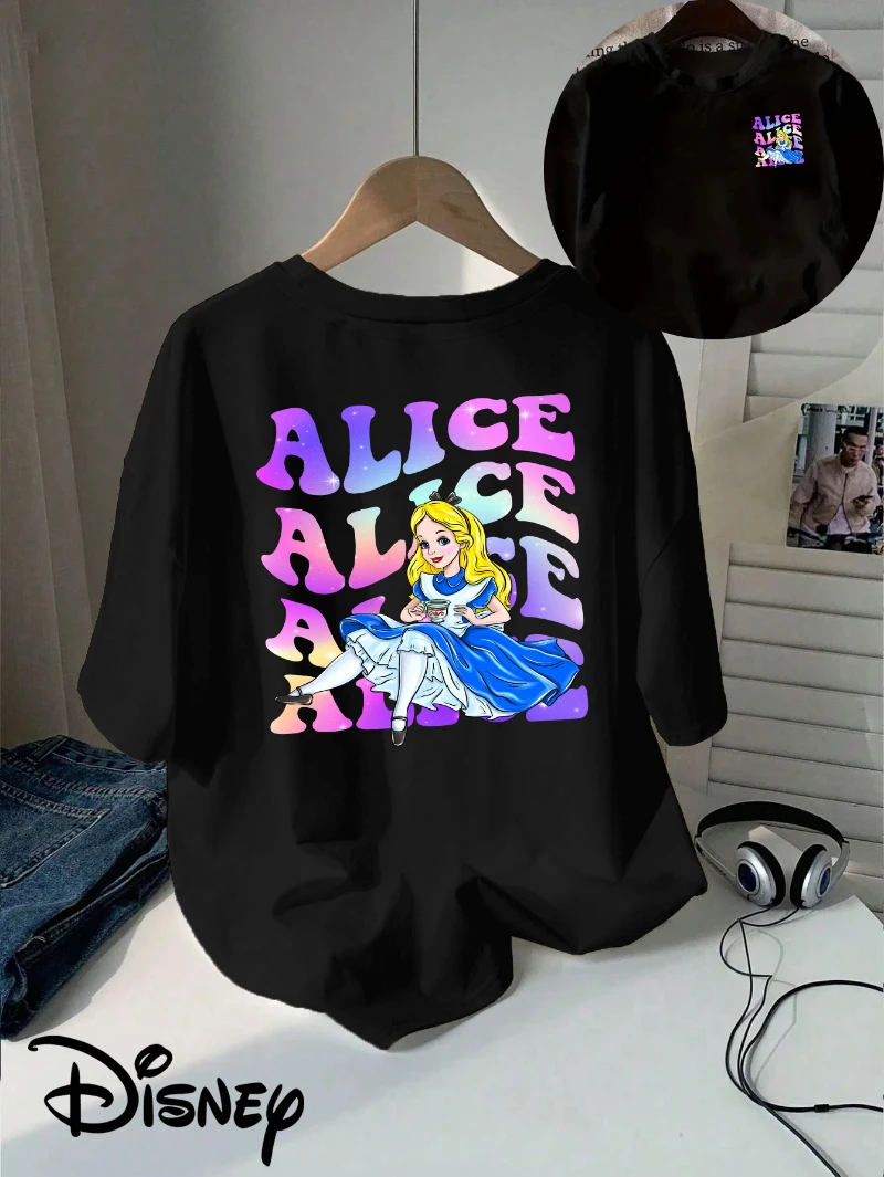 

Women's Disney Alice in Wonderland T-shirt Alice Adventure Casual Loose Short Sleeve Top, with Alice and The Mad Hatter Printed