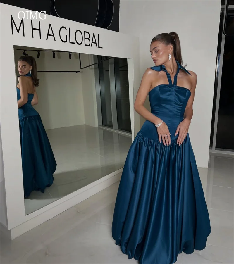Oimg azul real halter uma linha vestidos de baile cetim sem costas vestido de festa até o chão vestido de noite vestidos de gala personalizado