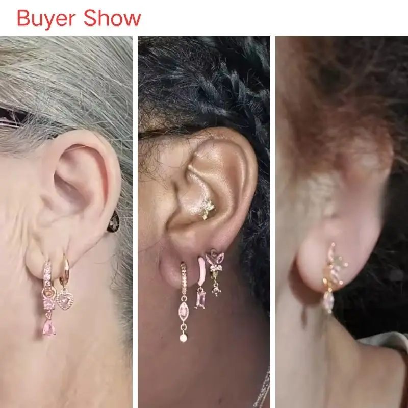 925 Sterling Silver Needle Pink Crystal Heart Hoop Earrings for Women Fashion Geometric Pendant Earrings Luxury Jewelry Gifts