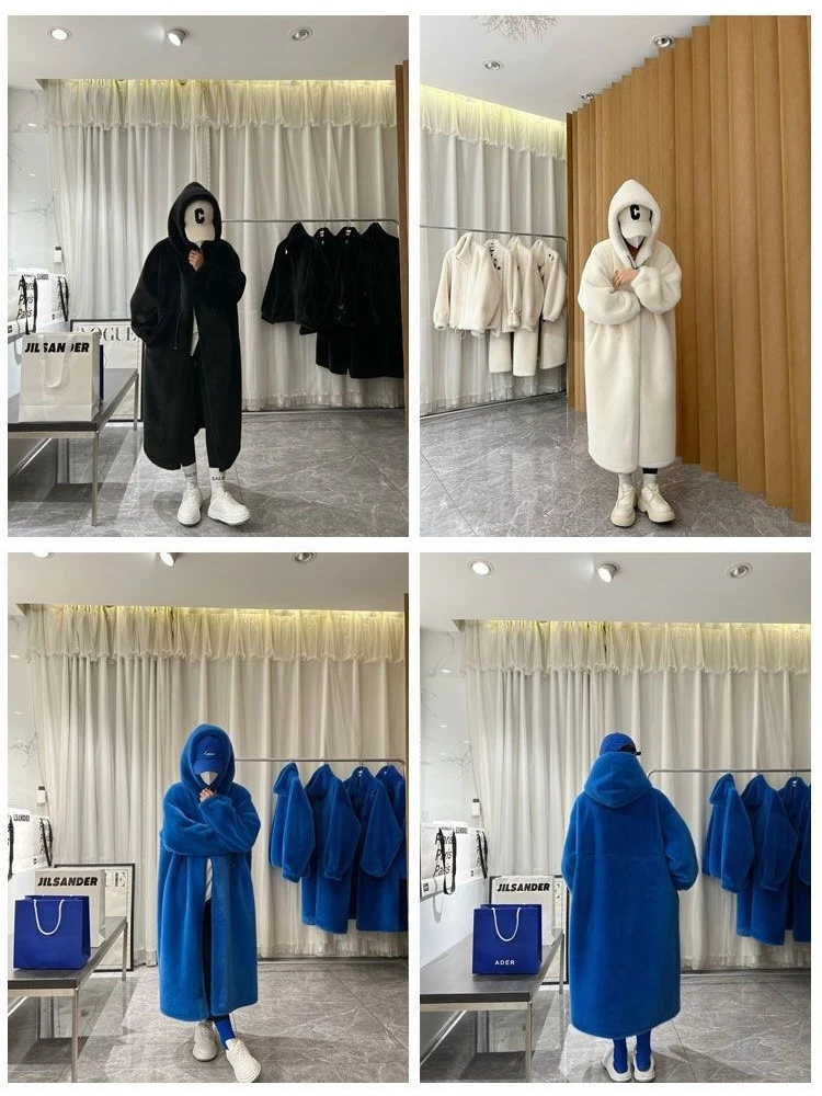 Winter Long Oversized Warm Thick Blue White Fluffy Faux Fur Coat Women with Hood 2024 Loose Casual Korean Style Fashion