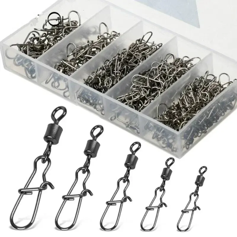 

50pc/box New Stainless Steel Fishing Connector Pin 4# 6# 8#10#12# Bearing Rolling Swivel with Snap Fishhook Lure Accessories