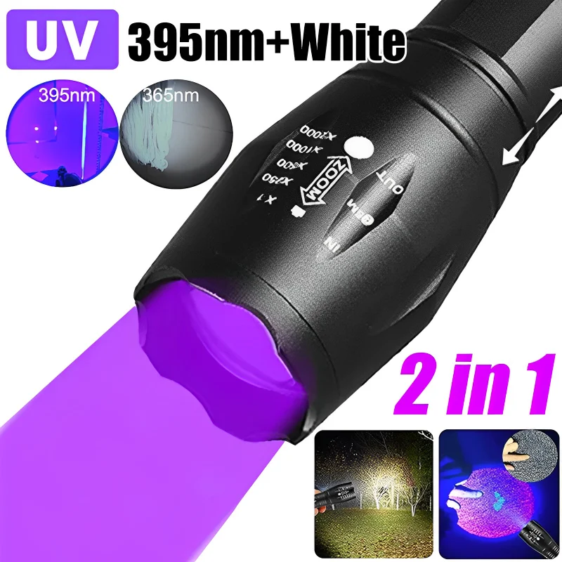 2 IN 1 Ultraviolet Flashlight Purple White Light Flashlight Zoom Fluorescent Black Light Ultraviolet Flashlight Detection Torch