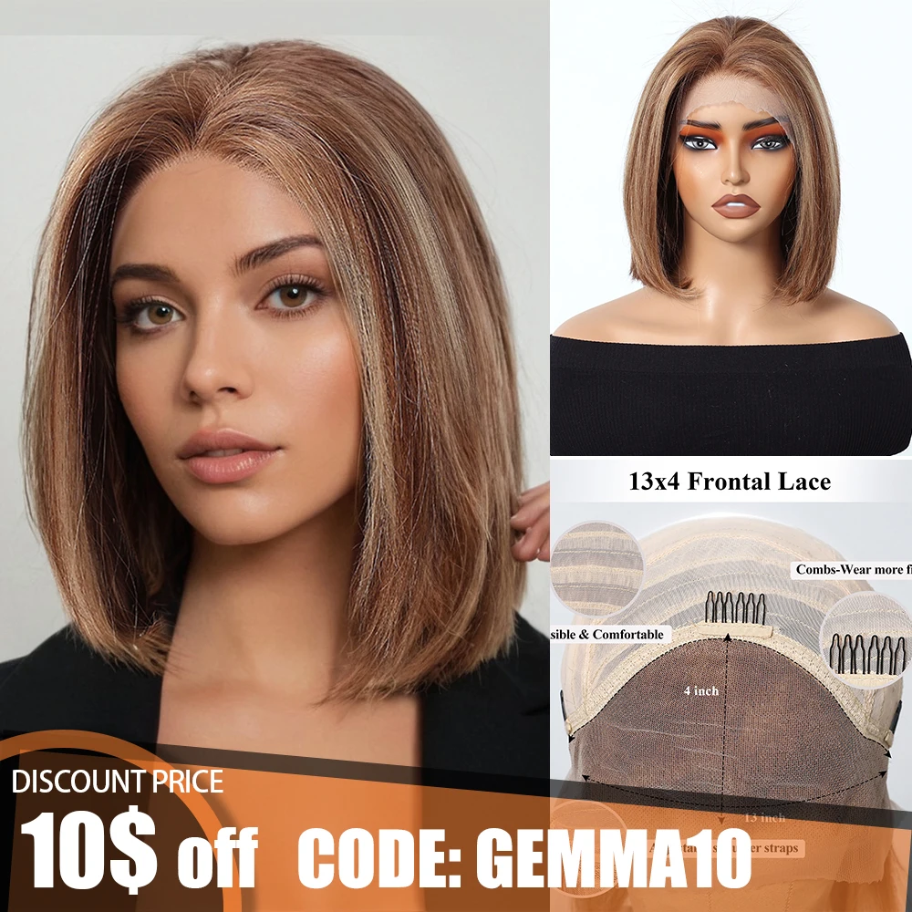 

HD Transparent Lace Frontal Human Hair Wigs Short Straight Afro Bob Wig Golden Brown Blonde 13x4 Lace Wig for Black Women Brazil