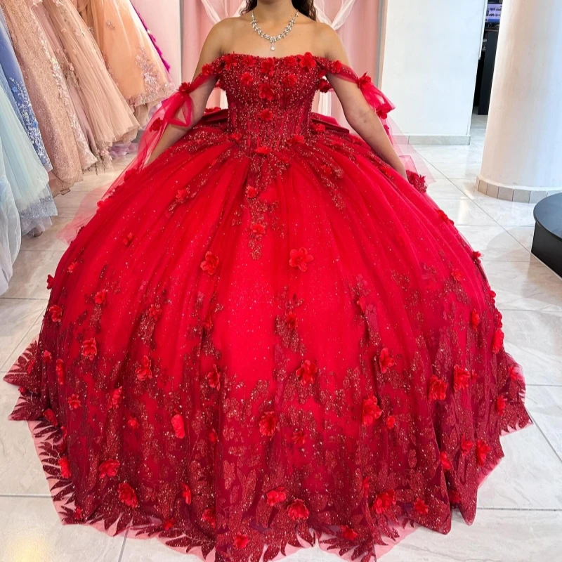 

Red Shiny Ball Gown Quinceanera Dresses Off The Shoulder Sequin Applique Flower Beads Bow Tull Party Birthday Sweet 16 Dress Ves