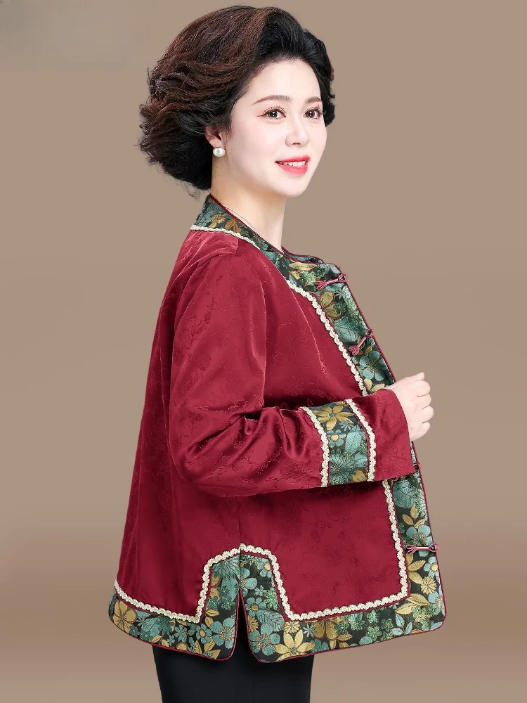 

New Chinese Sle Spring Outerwear for Middle-Aged Women Ethnic Faion Long Sve round Ne Jaet Polyester Fiber Cardigan