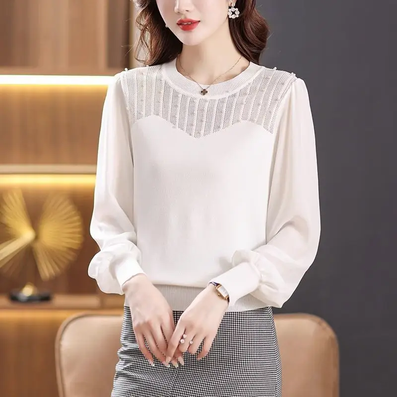 Mesh Sleeved Bottoming Shirt for Women's Spring Autumn Hollowed Out Knittwear New Ice Silk Long Sleeved T-shirt Knitted Top