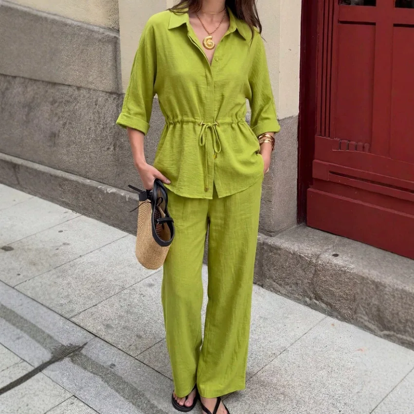 Women New Fashion Pant Suit Casual Lace Up Blouse Shirt Top Elastic Waist Wide Leg Pant Spring Autumn High Street Chic Sets