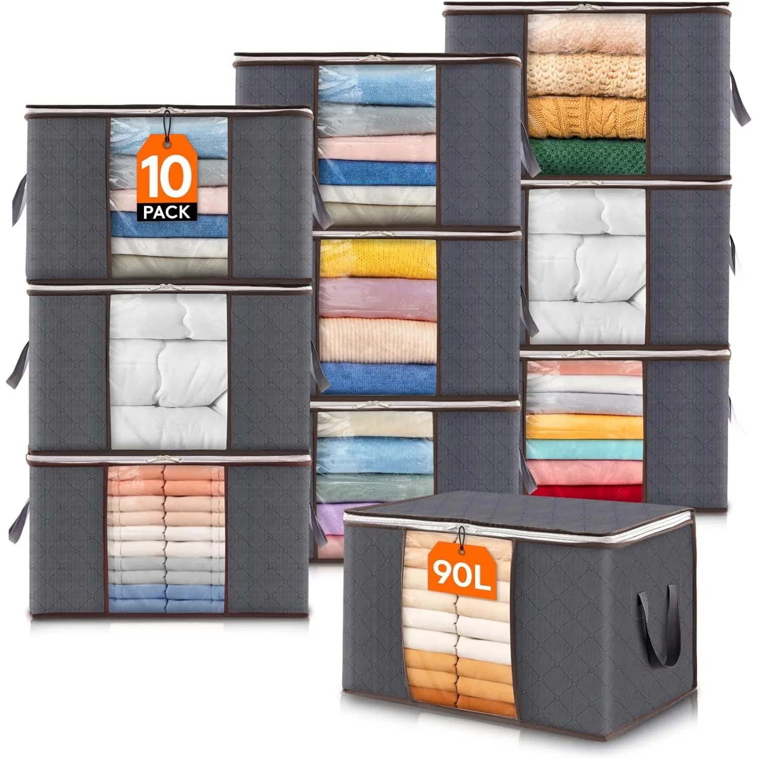 

90L Large Storage Bags, 10 Pack Closet Organizers and Storage, Clothes Storage Bins with Lids, Foldable Storage Containers