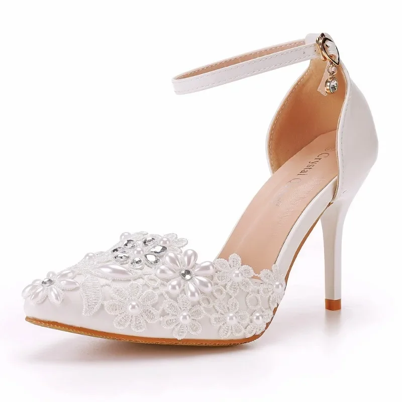 Fashion Summer Women High Heels Sandals Rhinestone Buckle Strap PU 9.5CM Thin Heels Elegant Office Work Women Shoes White