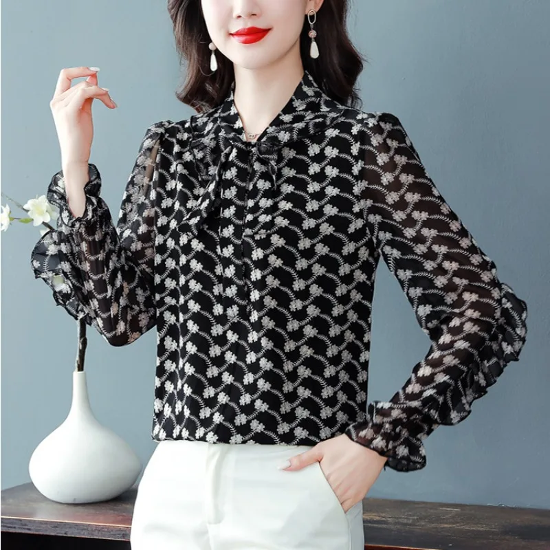 Spring Summer Women\'s Clothing Pullover Scarf Collar Houndstooth Chiffon Petal Long Sleeve T-Shirts Comfortable Beachy Tops