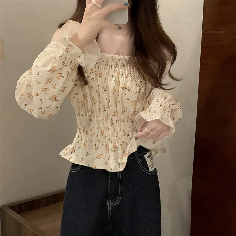 Slash Neck Blouses Women Temper Crop Floral Vintage  Hotsweet Korean Fashion French Gentle Hipster Ladies Clothing Chemise