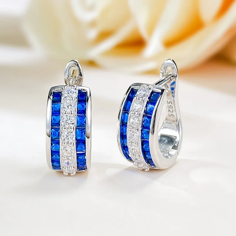 

Office Lady Sapphire Diamond Hoop Earring 100% Real 925 sterling silver Party Wedding Earrings for Women Bridal Birthday Gift