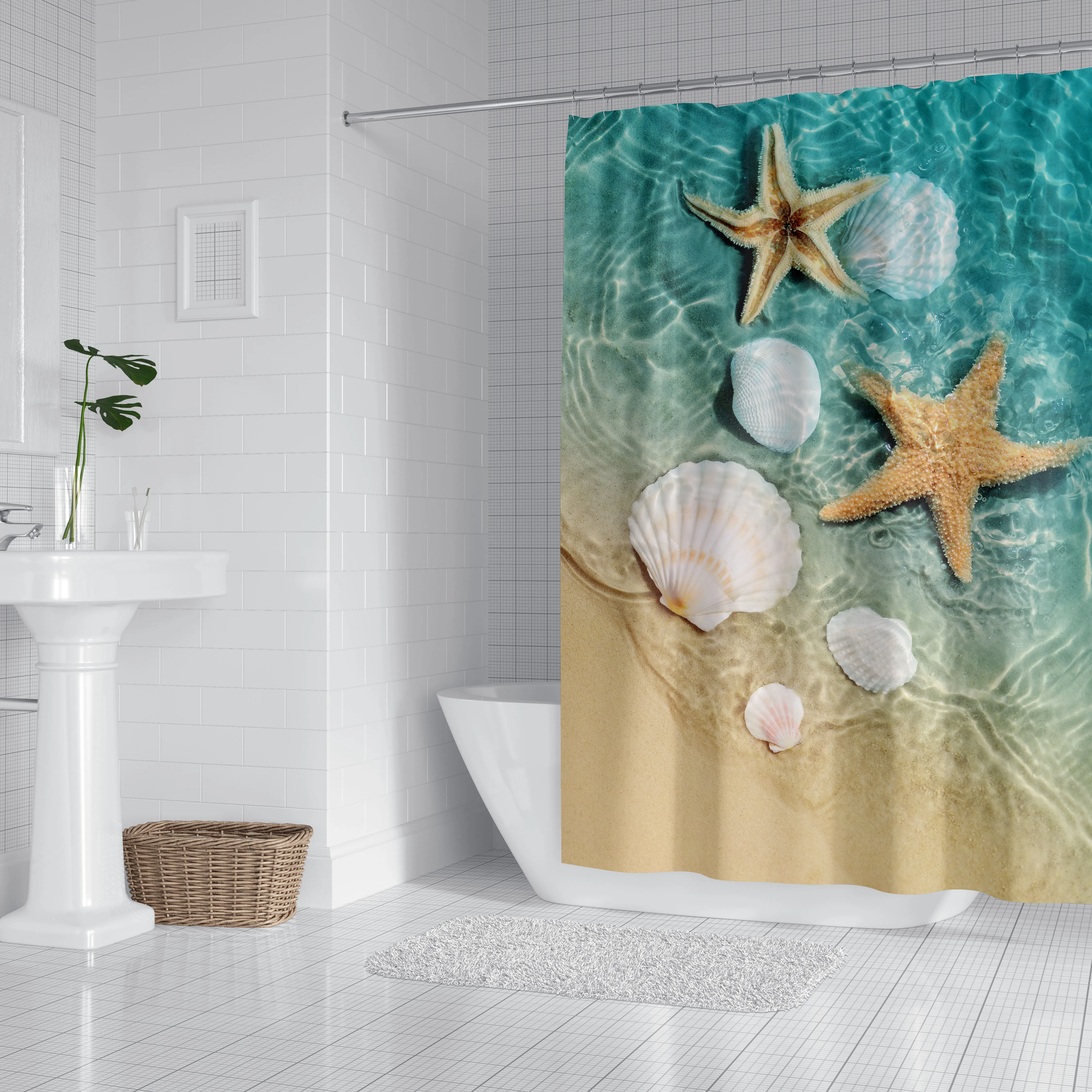 1pc Starfish Shells Shower Curtain Bathroom Partition Decorative Curtain Machine Washable Beach Print Window Privacy Curtain