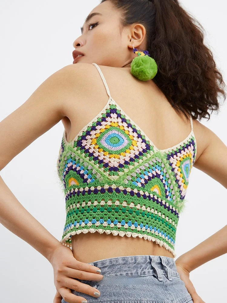 Sexy Island Knitted Vest Women's Beach Holiday Style Top Small Yellow Banana Hand Hook Green Knit Strap Original Design Cotto...
