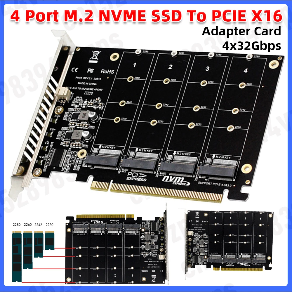

M.2 NVME SSD To PCIE X16 Hard Drive Converter Card 4 Port Adapter Support 2230/2242/2260/2280 M.2 Device NVME Protocol