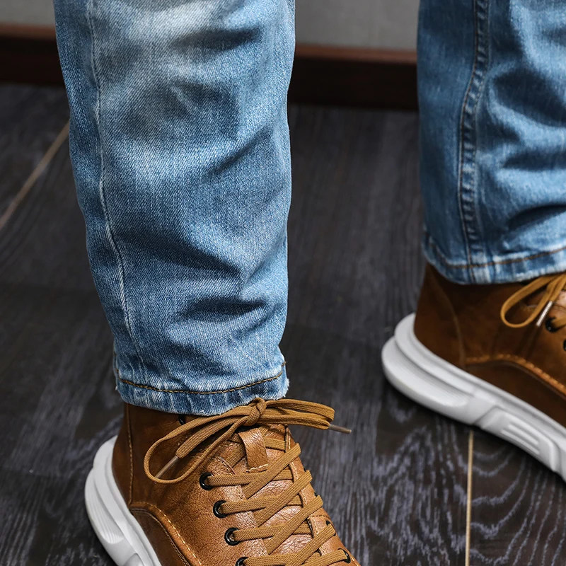 Newly Fashion Designer Men Jeans Retro Light Blue Stretch Slim Ripped Jeans Men High Quality Vintage Casual Denim Pants Hombre
