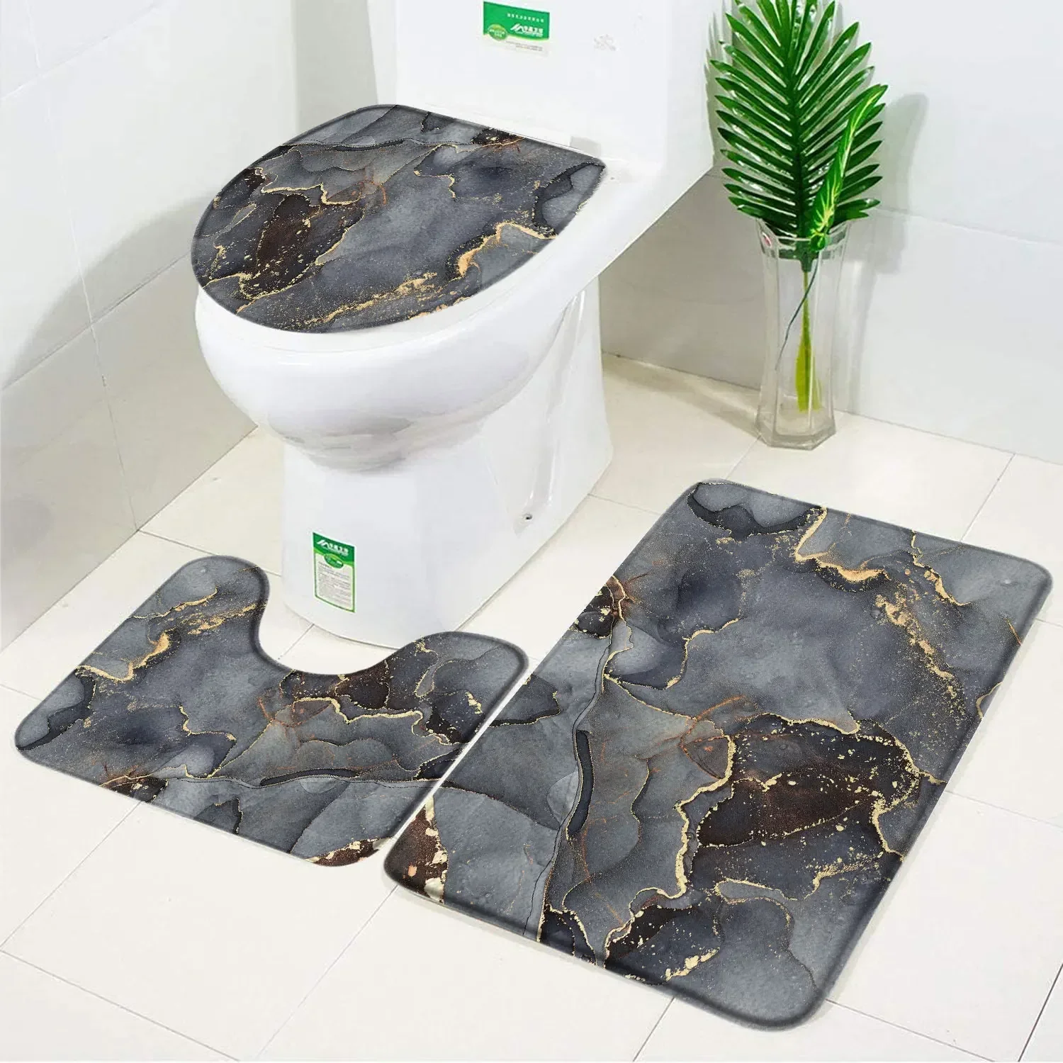 Bathroom Rug Set Coloured Marble Textured Bath Mat Flannel Non-Slip Foot Mat Toilet Cover Carpet Bathroom Decoration Accessories