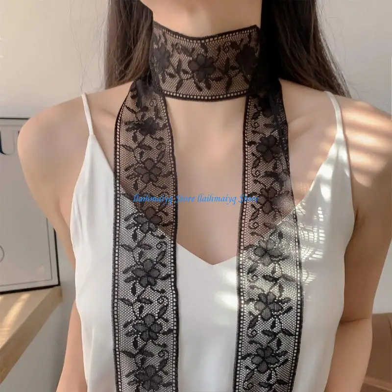 

573B Luxurious Lace Scarves Flower Print Neckerchief Solid Color Silk Scarves