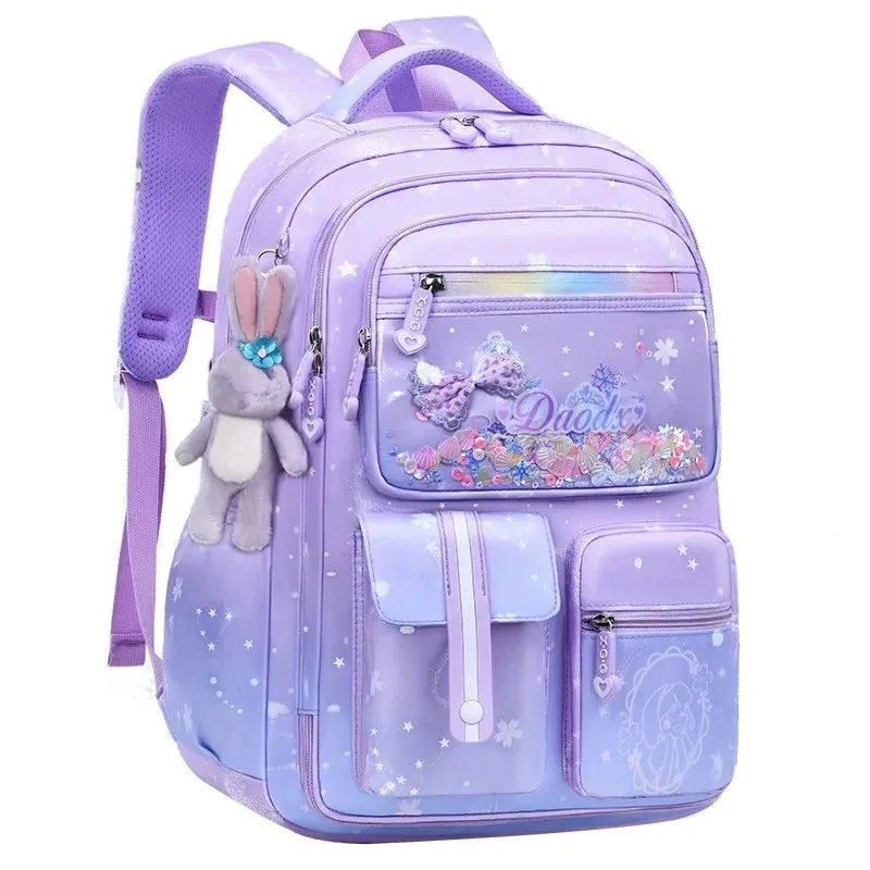 

Primary Schoolbag with rabbit pendant Girls Lightweight Children's Princess Kawaii Waterproof Schoolbag Large Capacity Backpacks