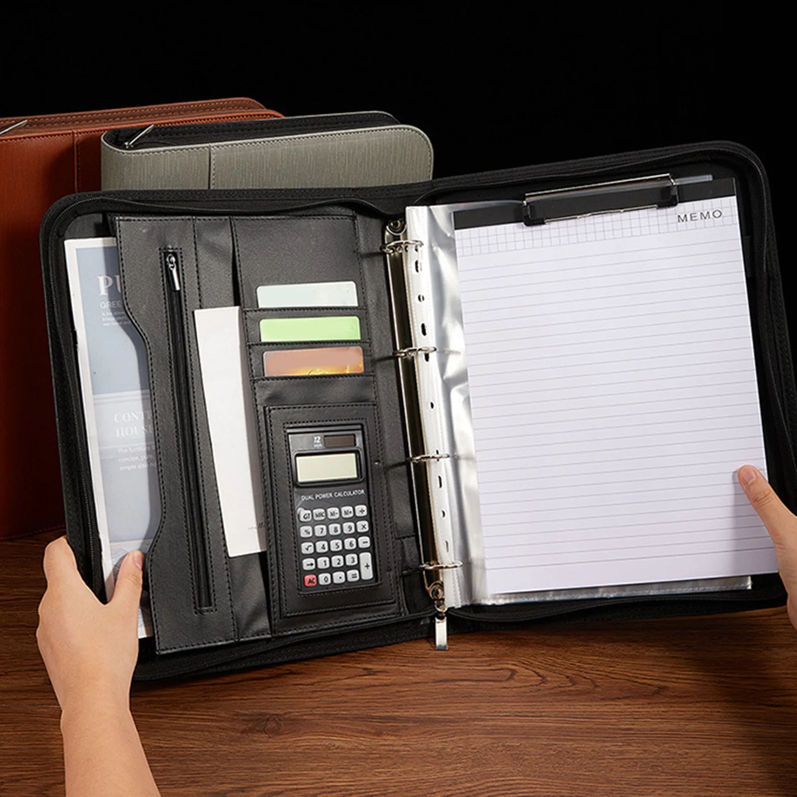 

Бизнес-портфель на молнии, 10 прозрачных сумок для файлов, искусственная кожа, 30 листов, блокнот, 12-значный солнечный калькулятор, 10,1-дюймовый планшет