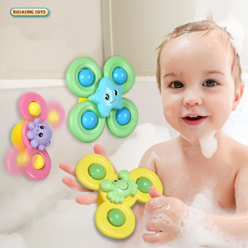 Cartoon Marine Suction Cup Spinner Rotating Hand Rattle Teether Wall Mount Design For Bathtub Shower Sensory Interaction Use