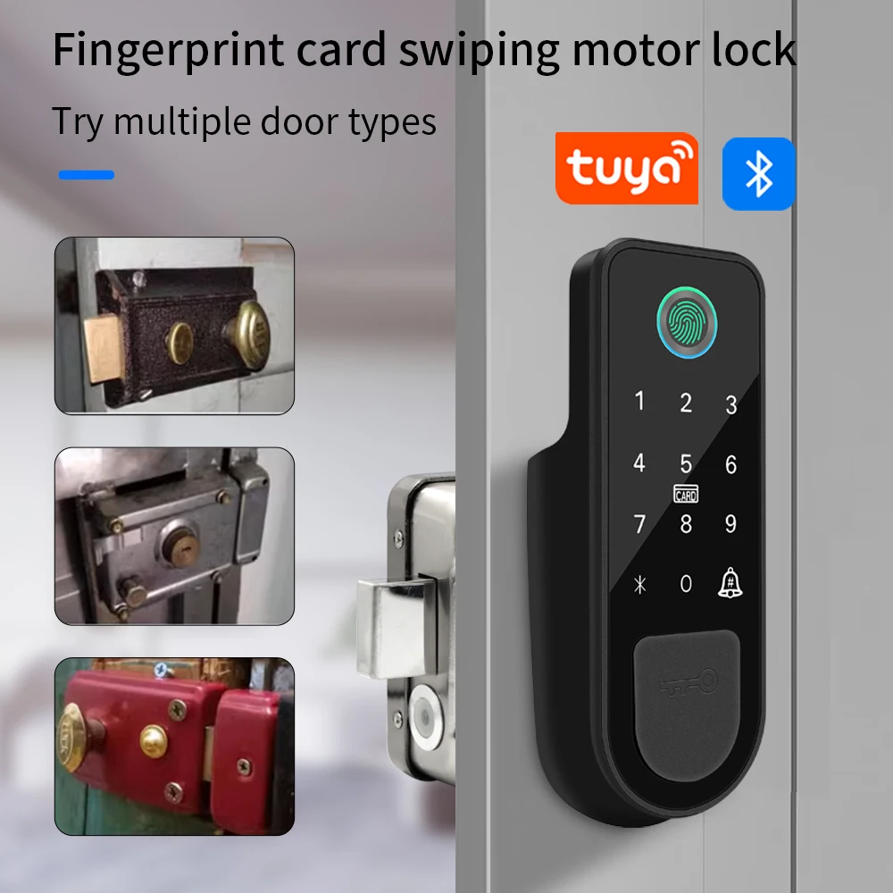 Tuya Smart Fingerprint Door Lock Outdoor Gate Lock Password IC Card NFC Remote App Unlock Home Electronic Rim Bolt Motor Locks